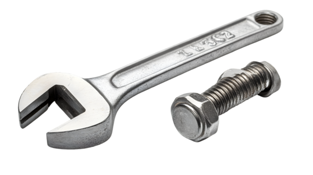 Adjustable wrench and bolt isolated on transparent background, a tool for tightening or loosening fasteners