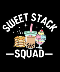 Sweet Stack Squad – cute kawaii illustration of pancakes, bubble tea, and ice cream sundae with smiling faces, perfect for dessert lovers, funny t-shirt designs, and adorable vector art for print-on-d