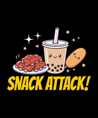Snack Attack – cute kawaii boba tea with happy snacks illustration, featuring smiling ribs and breadstick characters in playful pastel style, perfect vector art for t-shirt designs and food lovers