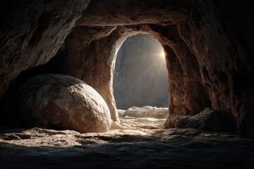Conceptual representation of an empty tomb reflecting Easter Good Friday's significance with sunlight illuminating the dark interior