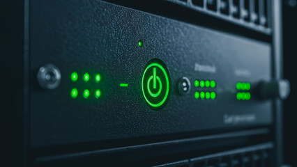 Illuminated server hardware, showcasing its operational status through a green power button, embodying the core of modern data management and digital infrastructure.