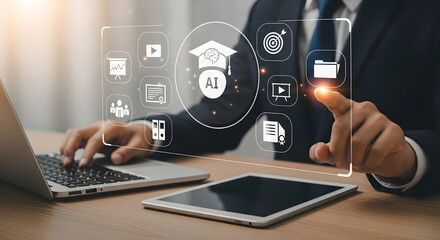 Businessman using technology and digital icons for online education and learning concepts on a desk with laptop and tablet