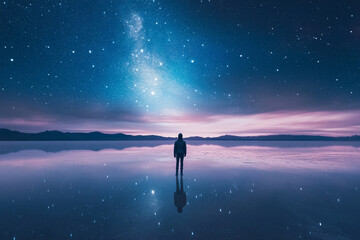 An astronaut-like scene of someone standing under the cosmos on the salt flats