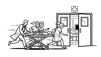 Emergency Room Line Art — Doctors and Nurses Rushing with Stretcher through ER Doors with Cross Sign © Narmada