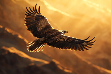 An eagle flying over desert canyon, golden light painting the landscape