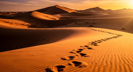 Footprints in the sand dunes of sahara desert at sunset, north africa