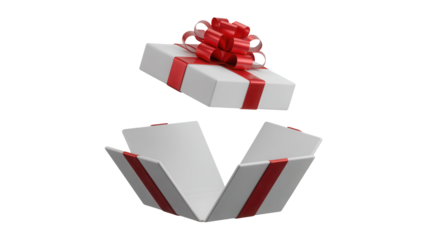 A white gift box with a red ribbon and bow is shown floating above an open gift box isolated on transparent background
