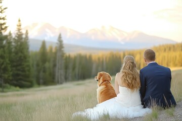 Eternal Union Amidst Nature's Beauty: A couple, dressed in their wedding attire, sits beside their canine companion, overlooking a breathtaking mountain landscape.