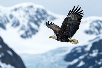 An eagle hovering above glacial peak, its sharp gaze surveying the icy expanse