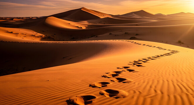 Footprints in the sand dunes of sahara desert at sunset, north africa