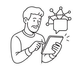 Man interacting on a digital tablet with network and chat bubble in a modern line art style, conveying connection, communication, and online collaboration