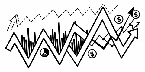 Black and white financial data with rising arrow charts and pie graph illustration showing growth trend