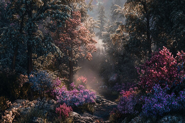 An enchanted forest clearing where alpine flowers bloom in iridescent shades