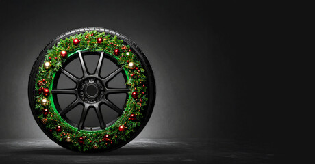 a car wheel whose rim is decorated like a Christmas wreath on dark background