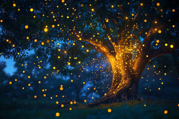 An enchanted tree covered in glowing fireflies, lighting up the night  