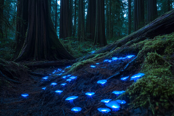 An enchanted redwood grove where bioluminescent mushrooms glow softly against mossy trunks