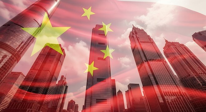 Modern Chinese city skyline with skyscrapers and a transparent overlay of the national flag, symbolizing China's economic power and development. - Powered by Adobe
