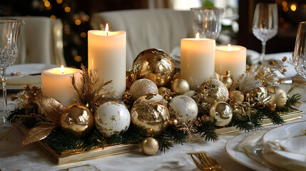 Festive table centerpiece with candles and golden ornaments for christmas