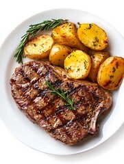Grilled steak with roasted potatoes and rosemary isolated on white background