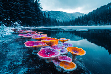 An enchanting view of frozen lake with exotic, neon-colored mushrooms growing along its edge