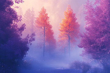 An ethereal forest scene where morning mist hugs vibrant autumn treetops
