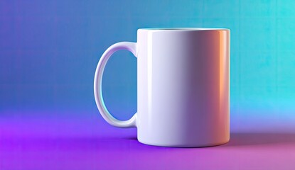 Simple white ceramic mug against a vibrant blue, purple, and pink gradient background
