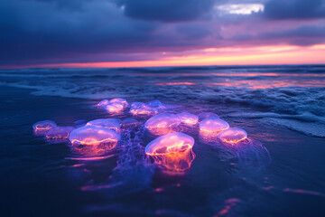 An ethereal jellyfish bloom drifting beneath glowing waves  