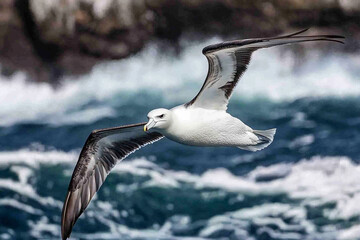 An exotic seabird soaring above crashing waves, gliding on the ocean breeze