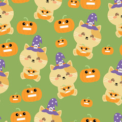 Fototapeta premium Seamless pattern cartoon kitty with halloween pumpkin and halloween element drawing. cute drawing for wallpaper and background