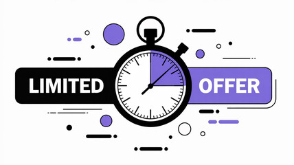 Naklejka premium Modern digital graphic of a black-white stopwatch with purple highlights, bold 'LIMITED TIME OFFER' banners, clean white background, dynamic dots, circles, horizontal lines