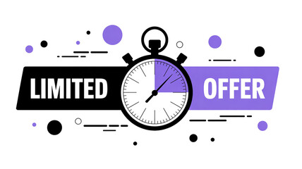 Fototapeta premium Modern digital graphic of a black-white stopwatch with purple highlights, bold 'LIMITED TIME OFFER' banners, clean white background, dynamic dots, circles, horizontal lines