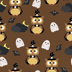 Seamless pattern cute owl halloween costumes and halloween ghost element drawing. cute drawing for wallpaper and background