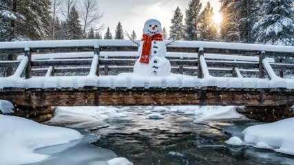 Snowman on a snowy wooden bridge over a flowing winter river - Powered by Adobe
