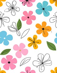 Obraz premium Colorful floral arrangement with outlines and solid colors on a white background