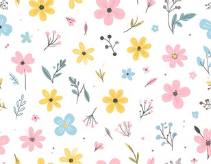 Colorful floral pattern with whimsical flowers and greenery on white