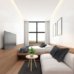 Bedroom with coffee table and minimalist sofa, wood floor and white wall. 3d rendering