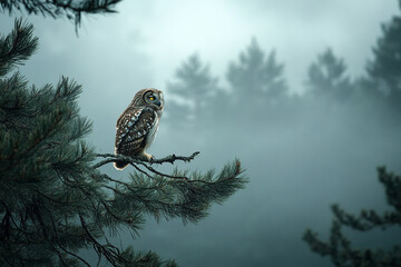 An owl perched silently on pine branch, barely visible through the swirling mist
