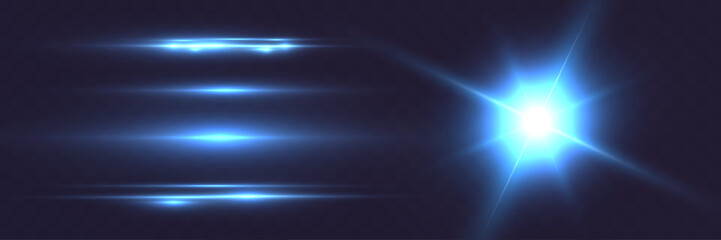 Abstract glowing blue light beams and streaks with shine and reflection on dark background.