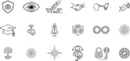 Collection of hand drawn esoteric symbols and mystical emblems in black and white outline style