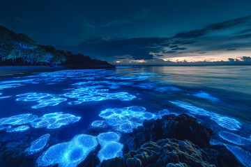 An underwater kingdom where the streets are lit by bioluminescent corals  