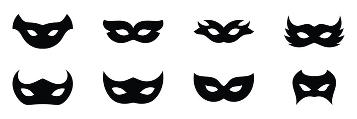 Carnival masks silhouettes icon set. Simple black icons masquerade mask, for party, parade, carnival, Halloween. Mask elements isolated sign, symbol. Vector illustration. EPS 10