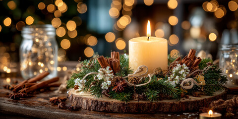 First Advent Sunday &ndash; One Candle Lit in Cozy Christmas Setting with Pinecones and Spices. AI generativen.