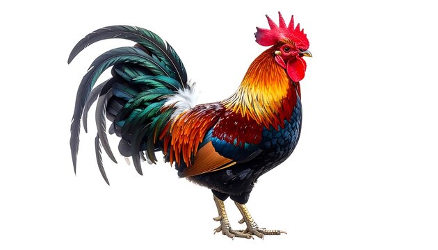 Colorful fowl, vibrant plumage, red crest, standing against white background