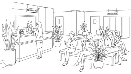 Hospital Reception Line Art — Receptionist Greeting Visitors with Patients in Waiting Area, Minimal Continuous Vector Illustration
