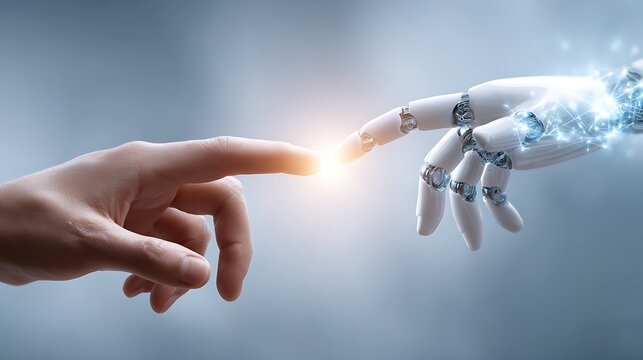 Human and robot fingers touching with glowing light connection