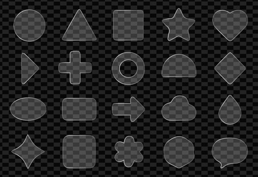 Fundamental set of transparent glass UI shapes: circle, triangle, star, heart, arrows, donut ring, cloud, and water tear drop icons