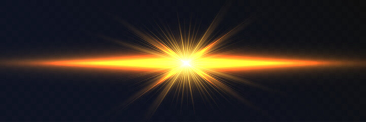 Obraz premium Orange glowing light burst with bright flare and sunbeam effect on dark transparent background.