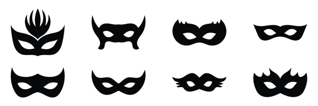 Black mask vector icon collection. Different masks silhouette isolated on white background. Set superman, superhero themes, cosplay graphics, comic illustrations, logo, and creative designs.