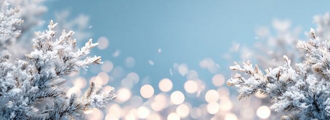 Snowy branches against a light blue bokeh background