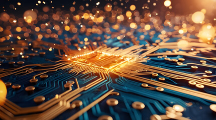 Cinematic Glowing Circuit Abstract Background in Gold and Blue